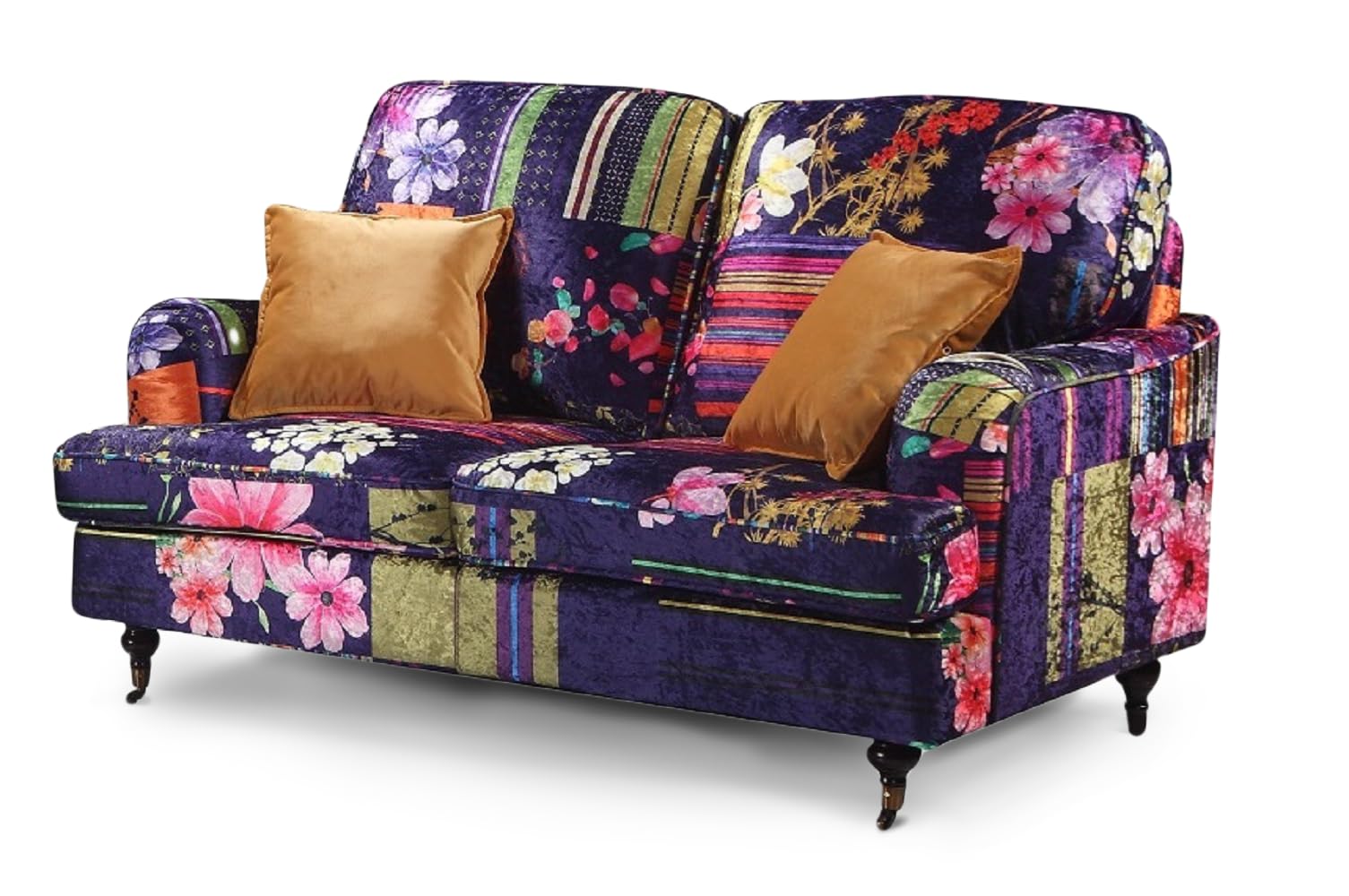 Multicolour Purple Patchwork Fabric 2 Seater Velvet Sofa Settee – Small Two Seater Sofa Classic Vintage Traditional English Roll Arm, Antique Brass Castors, Statement Sofas & Couches