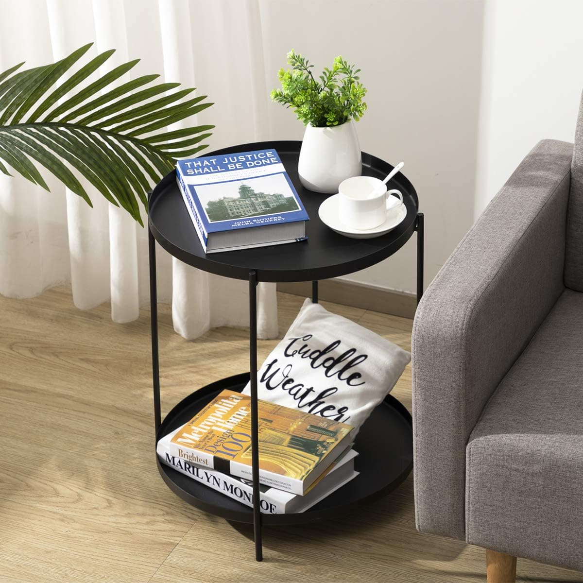 HollyHOME 2-Tier Round Metal End Side Table, Accent Anti-Rust Waterproof Simplistic Sofa Table, Modern Tray Outdoor&Indoor Coffee Table, (D) 17.32" x(H) 20.47", Black