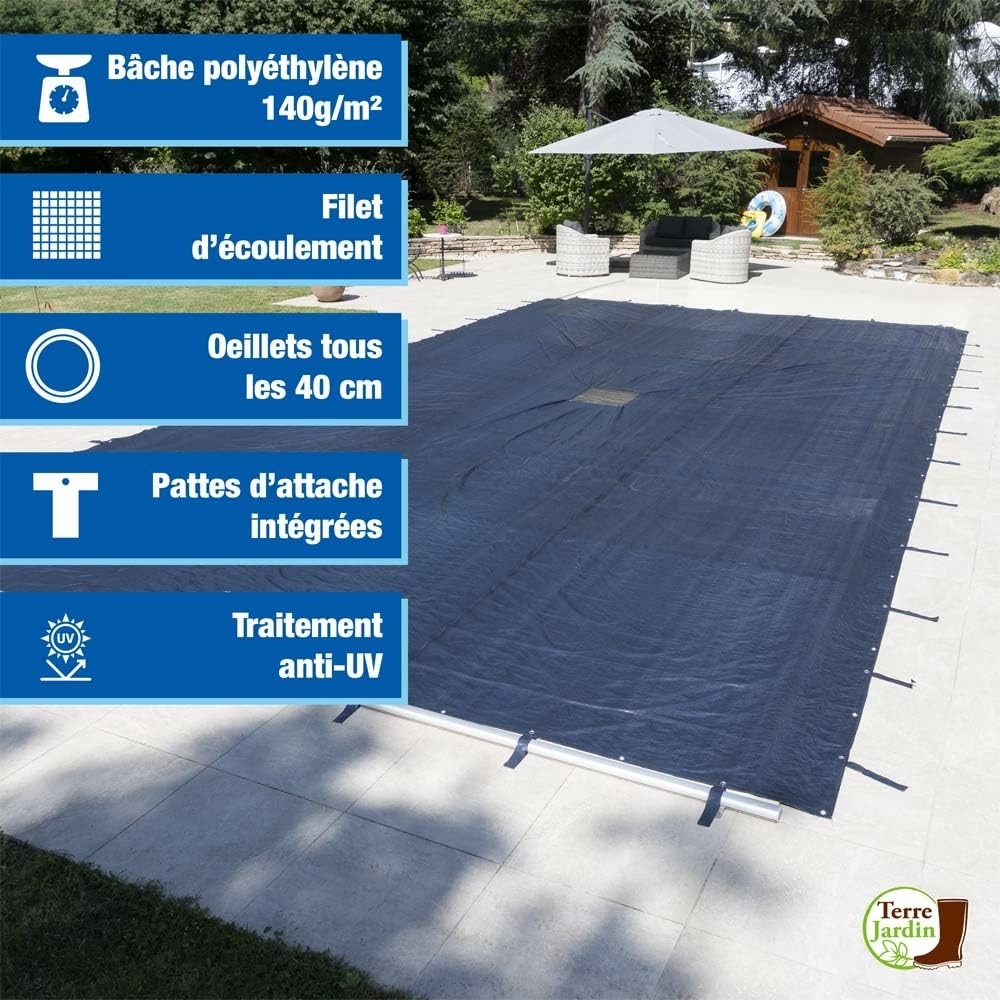 TERRE JARDIN Bache Piscine Hivernage en Polyéthylène 140g/m² - Bache Protection pour Piscine Rectangulaire - Bâche Résistante Oeillets Aluminium Pattes d'attache - 7 x 4 - Bleu