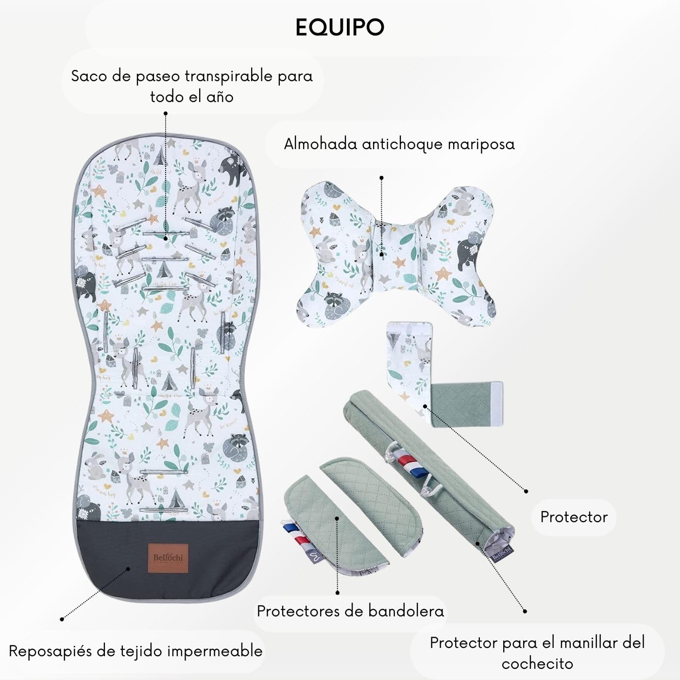 Bellochi Colchoneta Silla Paseo Verano - Colchoneta Carro Bebe Universal y Ventilado con Cojín Antichoque Tipo - Algodón y Terciopelo - Bambi Forest