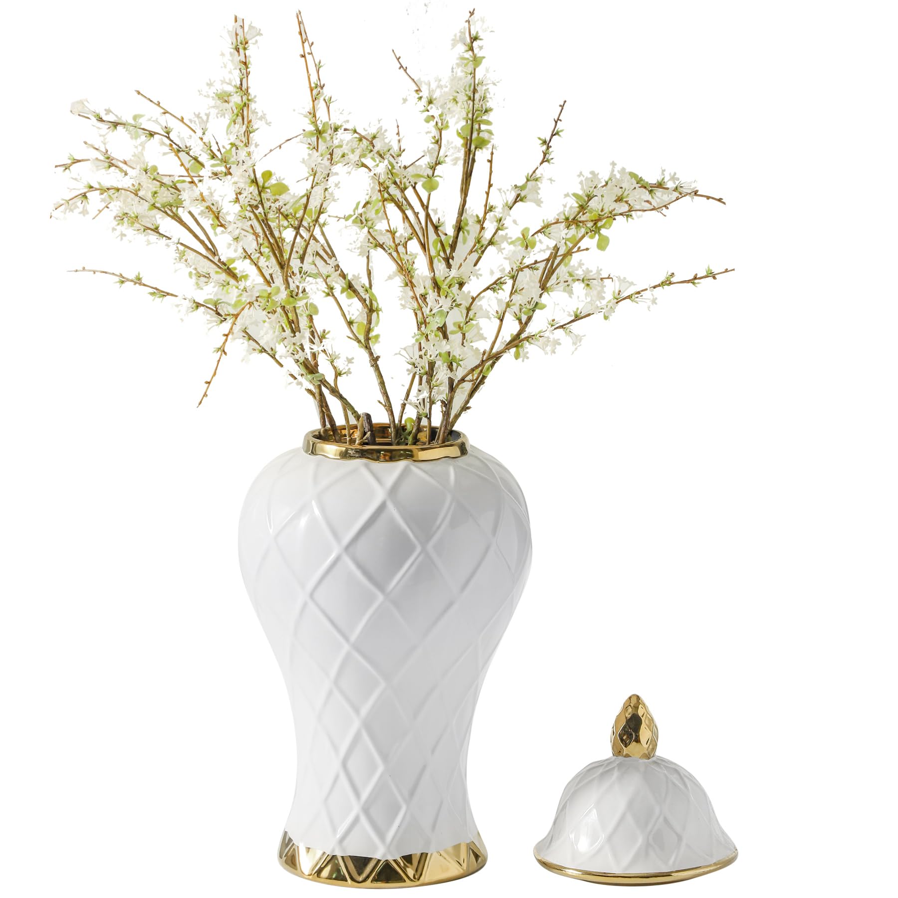 Photo 1 of Ginger Jars for Home Decor, White and Gold Vase, Decorative Ceramic Ginger jar with lid, Porcelain Flower Vase for Centerpieces Jarrones, Storage jar, Table Center Vase, Temple Jar(14in)