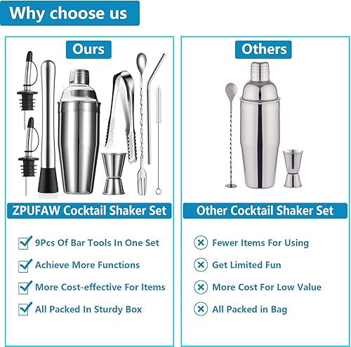 Miniatura 3 de Juego de coctelera de 24 onzas, 9 piezas, kit de barman de bar, herramientas perfectas para mezclar bebidas, Martini, juego de bar de acero