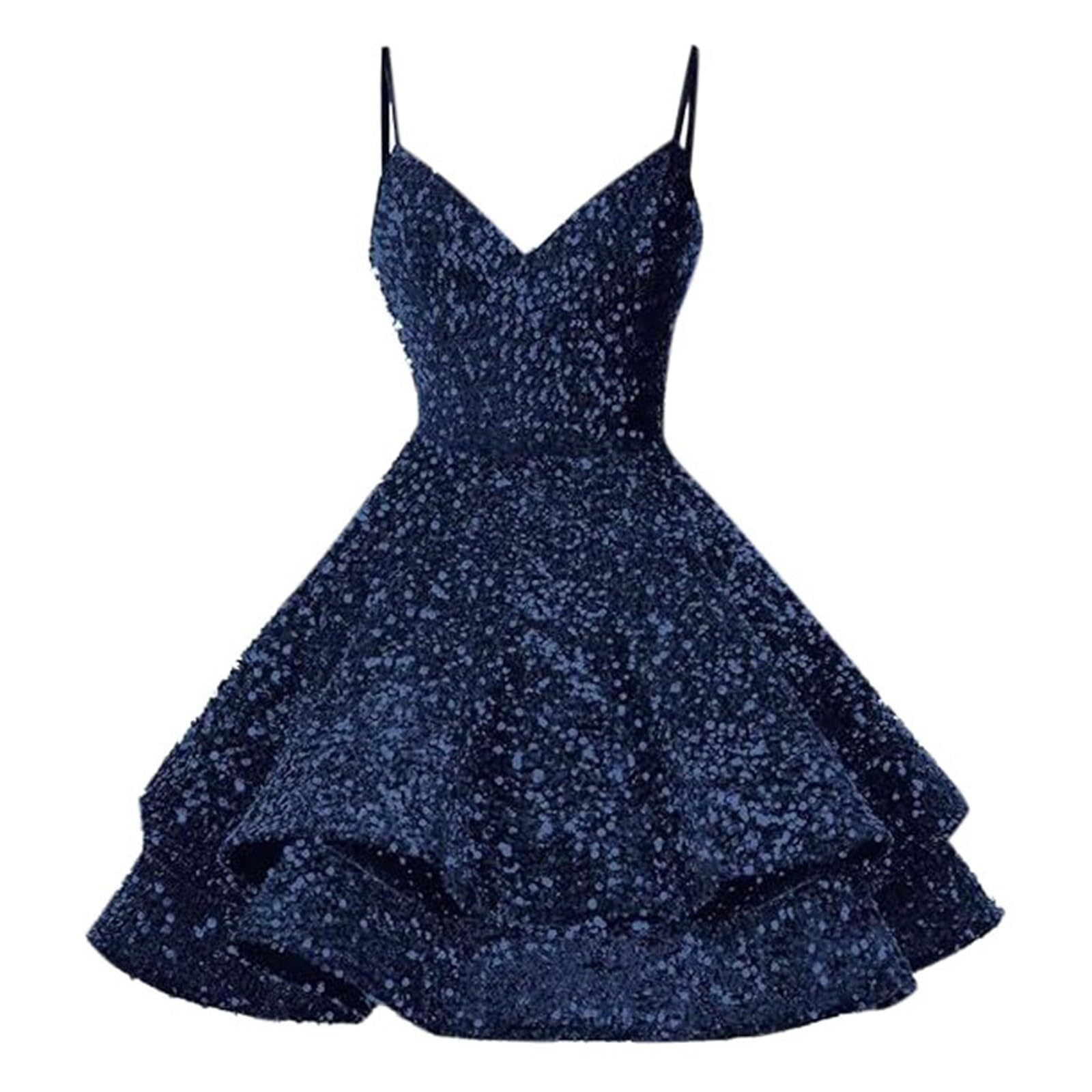 Robe De Soiree Femme à Paillettes, Robes De Mariage Femme Chic Et Elegant-Mini Robe Sexy Col V sans Manches à Bretelles Robes Brillant Coupe Slim Loisirs Swing De FêTe Cocktail Party Ceremonie Dress