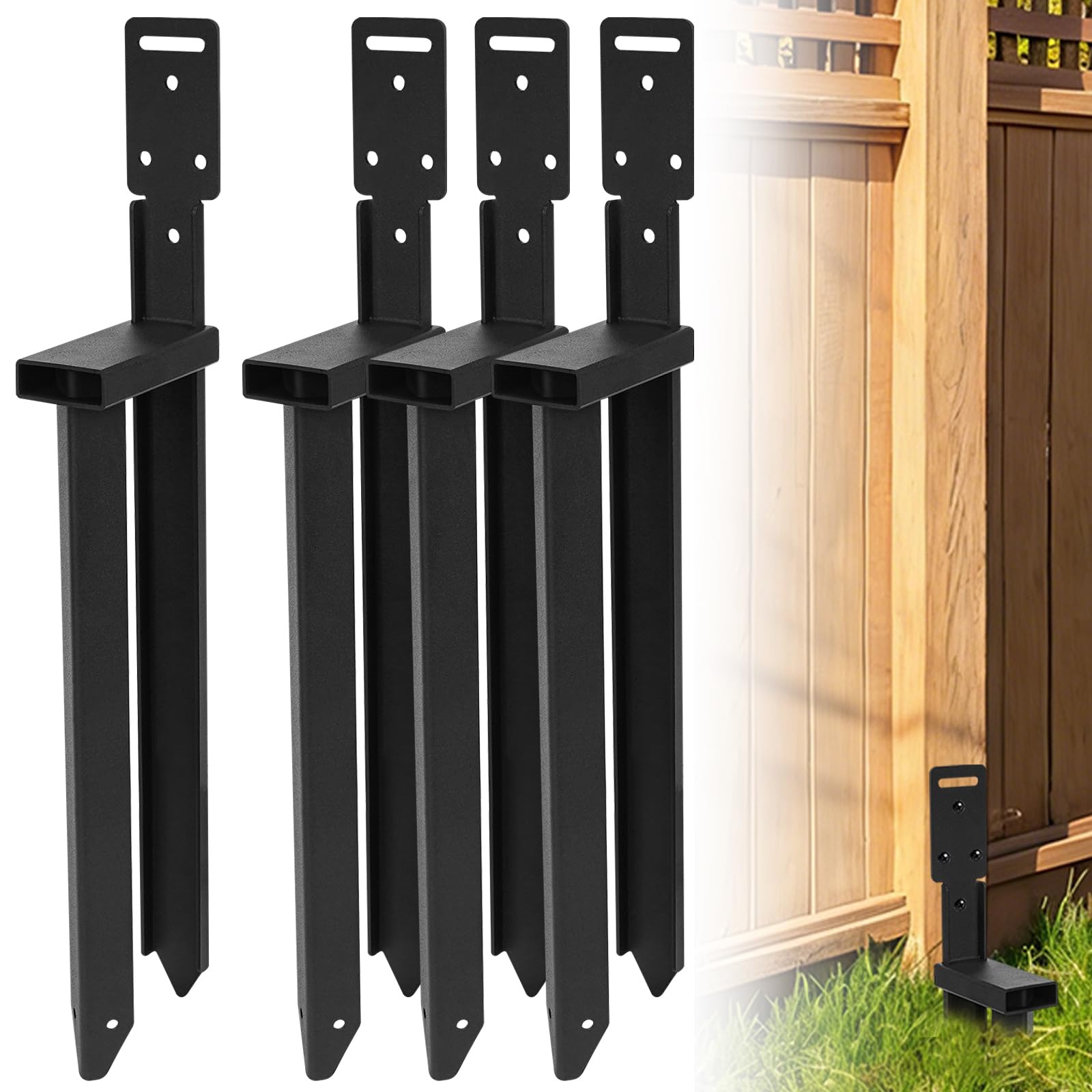 Kit di riparazione per pali di recinzione, picchetti di ancoraggio monopezzo con staffe a L per tenda, pali in legno (4, nero)