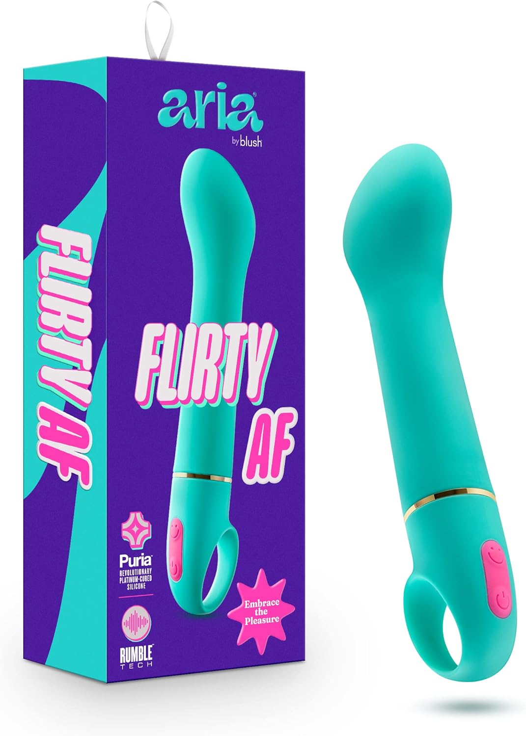 Blush Novelties Aria Flirty AF Silicone Vibrator – RumbleTech Powerful Rumbly 10 Vibration Modes – IPX7 Waterproof – Finger Loop Handle – Curved for G-Spot Stimulation – Sex Toy for Women & Couple