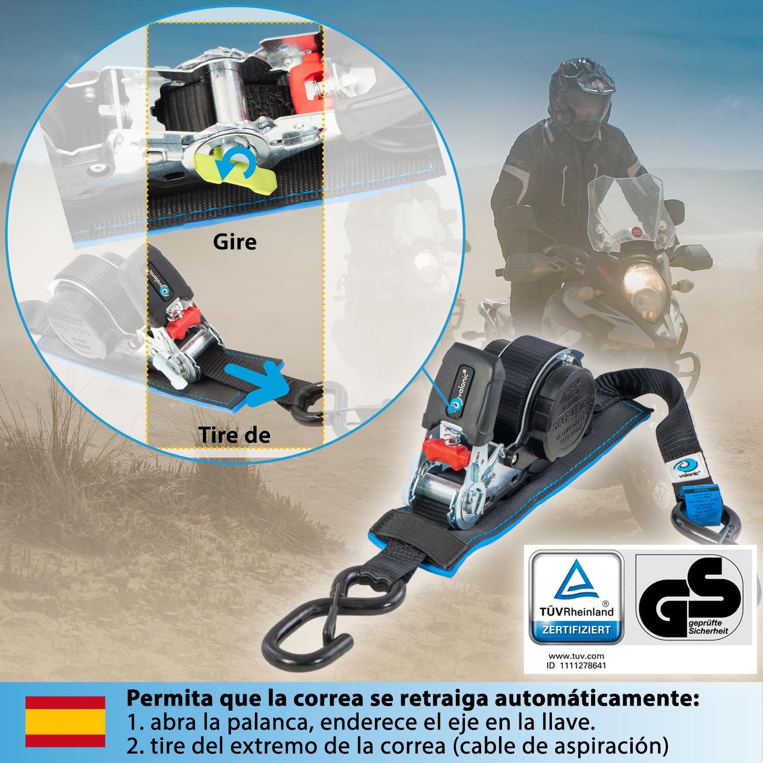 valonic Panda - 2X 5m Cinchas de Amarre automáticas con mosquetón, 25mm, 300/600 KG, Acolchadas, Certificado TÜV Rheinl. & GS, EN-12195-2 - con trinquete, Negro