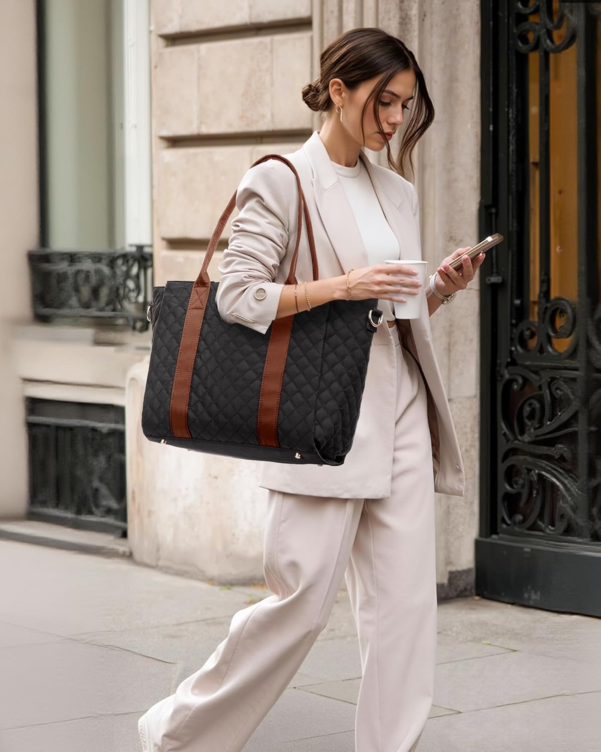 LOVEVOOK Teacher Tote Bag for Women, Quilted Work Tote Nurse Laptop Bag, Large Computer Shoulder Bags with Zipper for Travel