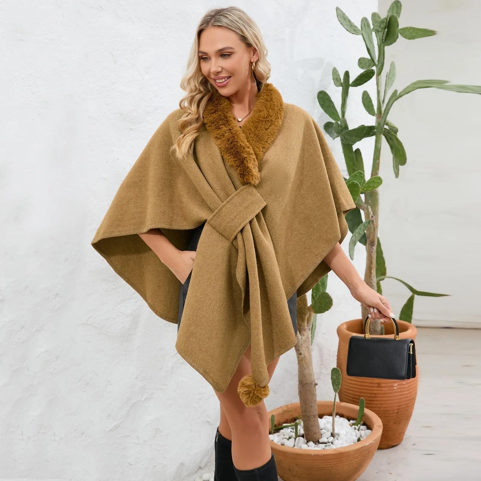 Poncho Mujer Poncho de Cuello de Piel sintética for Mujer, Elegante cárdigan, Chal de Punto, cálido for Invierno, Talla única(Khaki)