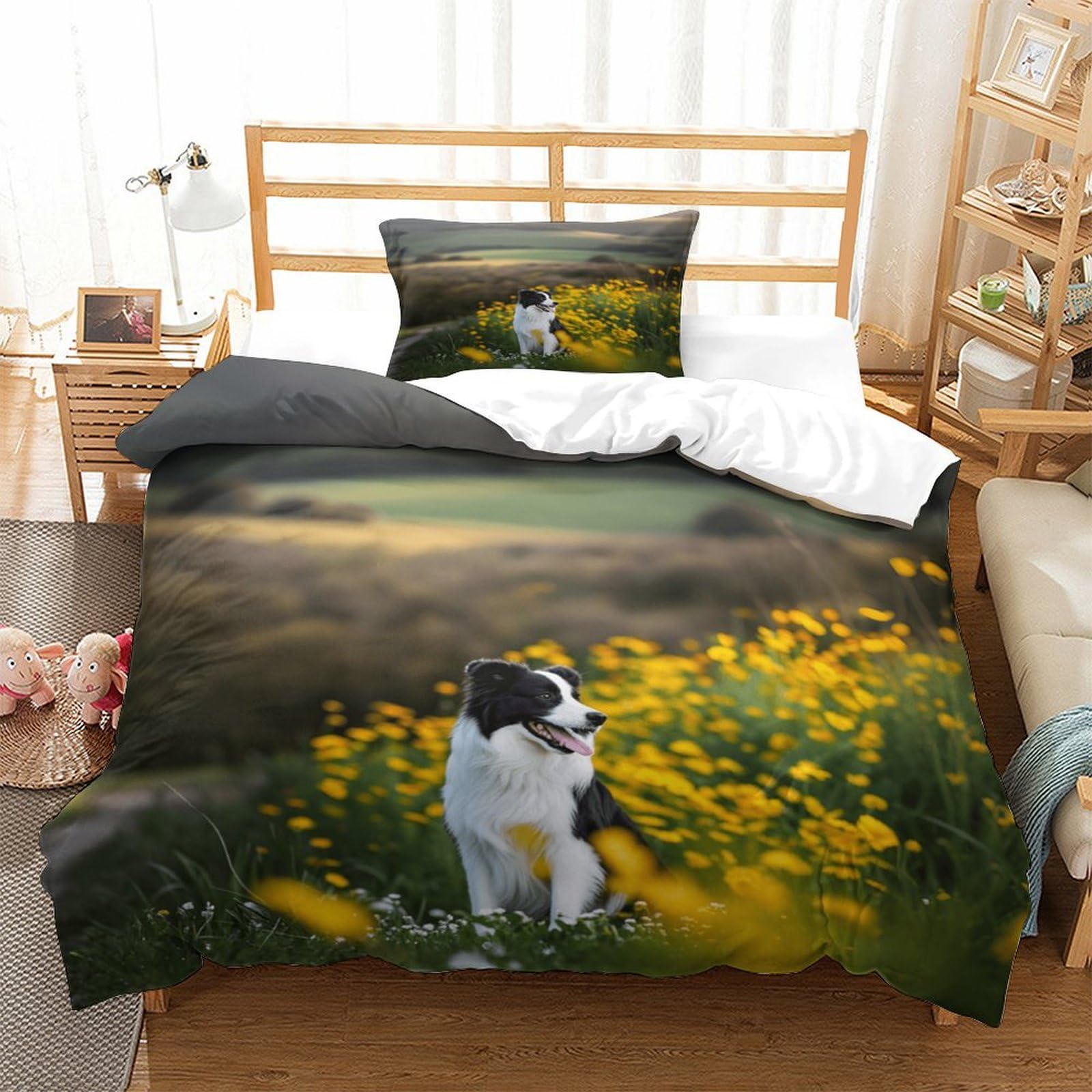 Dafufbw Boys Sheepdog Cotton Duvet Cover Ivory Various Sizes Quilt Cover Bedding Set Soft & Cozy Percale Weave Border Collie Comforter Cover With Zipper Closure For Kids Adults Single（135X200cm）