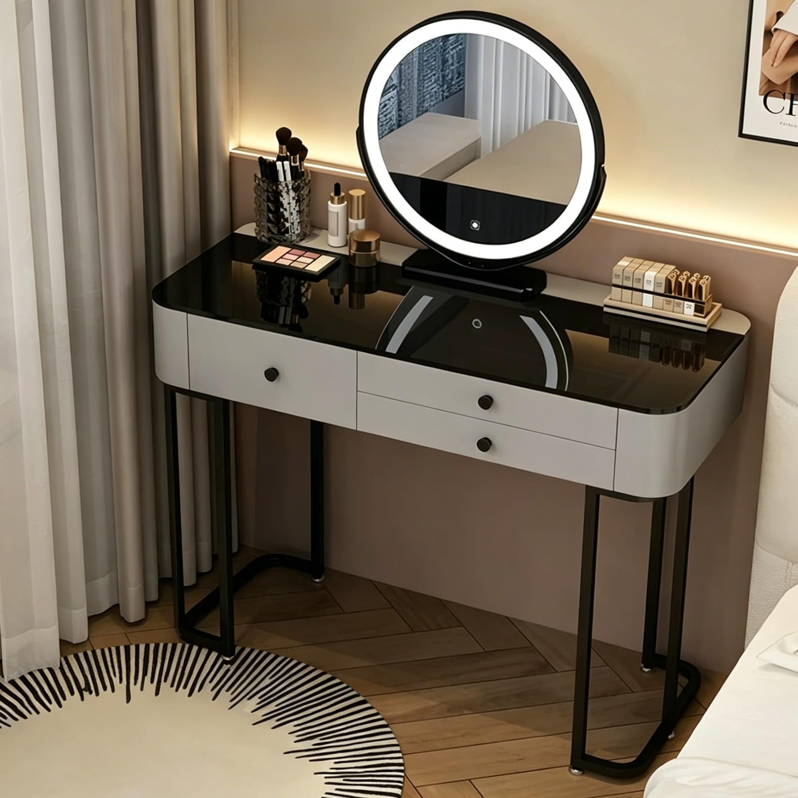 MJKCBD Dressing Table with Lighted Mirror, Modern Makeup Vanity Desk with 3 Large Drawers, 39.4" Black Tempered Glass Top for Girls Bedroom, Grey