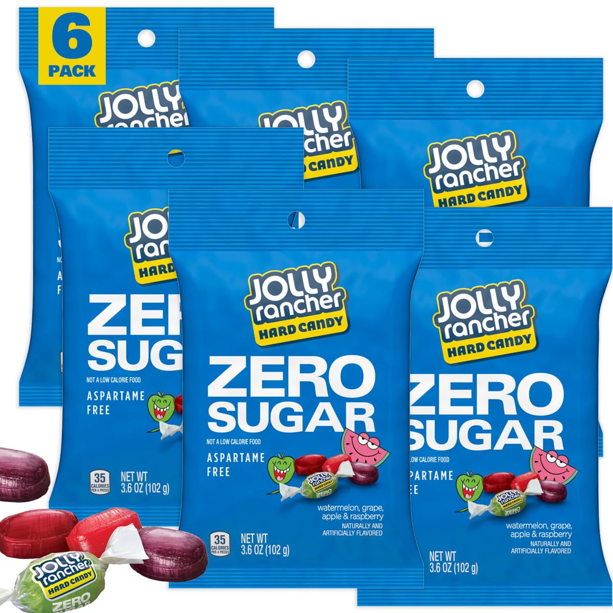 JollyRanchers Zero Sugar, 3.6 Ounce Bag (Pack of 6), Individually Wrapped Hard Candy, The Hampton Popcorn & Candy Company