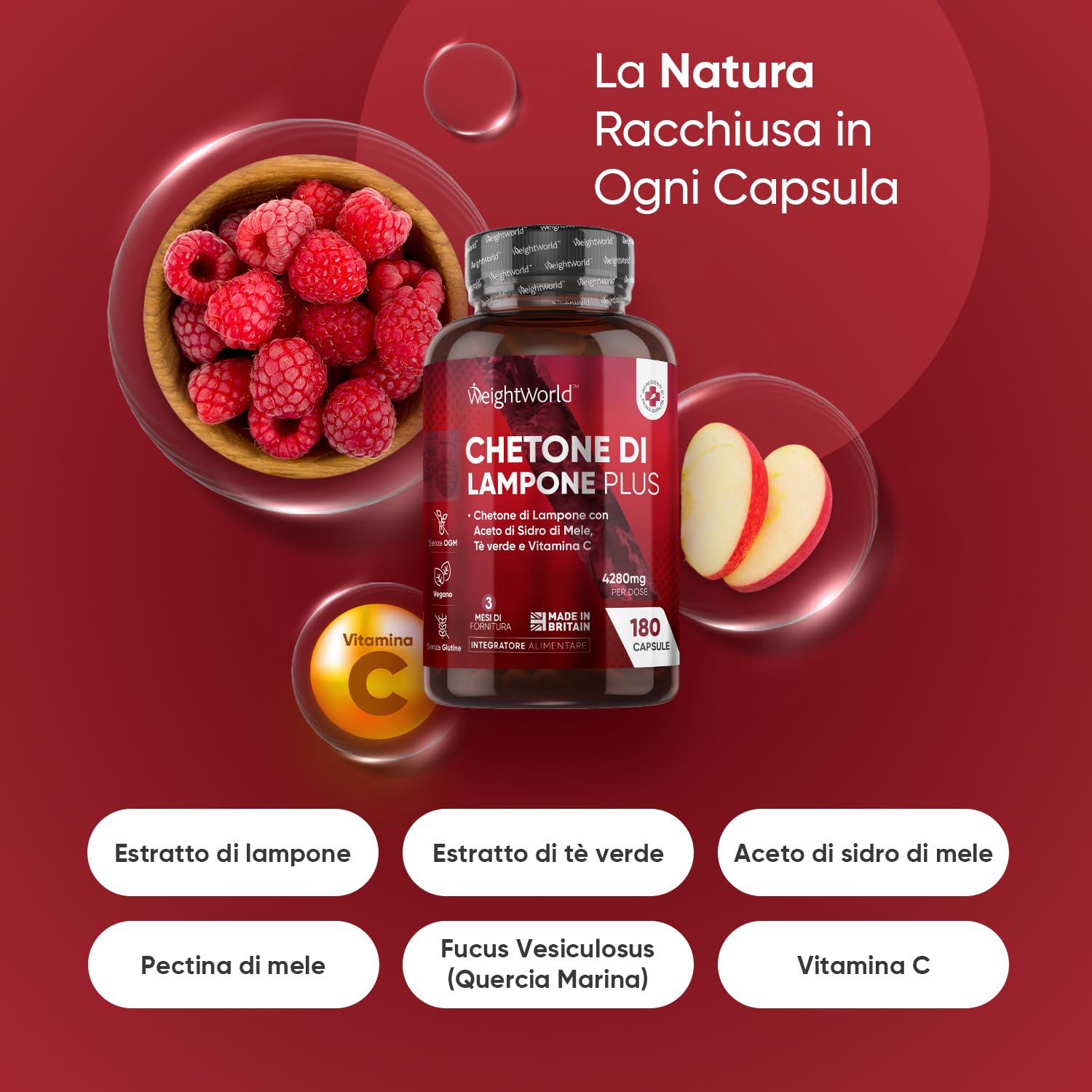 Chetoni Esogeni Plus da 4280mg in 180 Capsule Vegane, Estratto 20:1 di Chetoni di Lampone Complex con Vitamina C, Aceto di Mele, Te Verde, Acai e Caffeina Anidra, Senza Glutine né OGM, Prodotto in UK