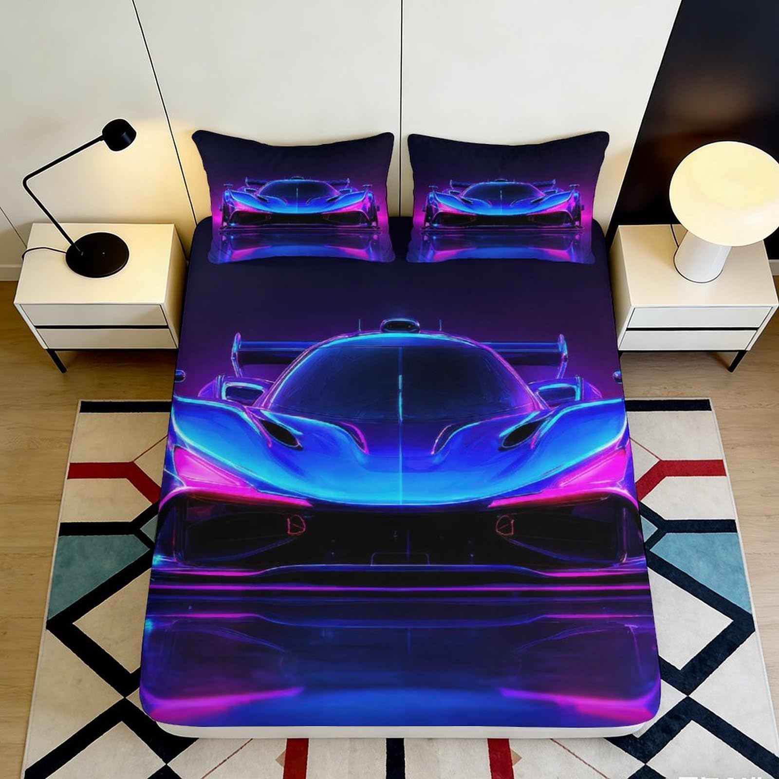 3D Printed Neon Sports Car Fitted Sheet Microfiber Soft Breathable Futuristic Racing Bed Cover for Bedroom Dorm Décor 90x200x25cm