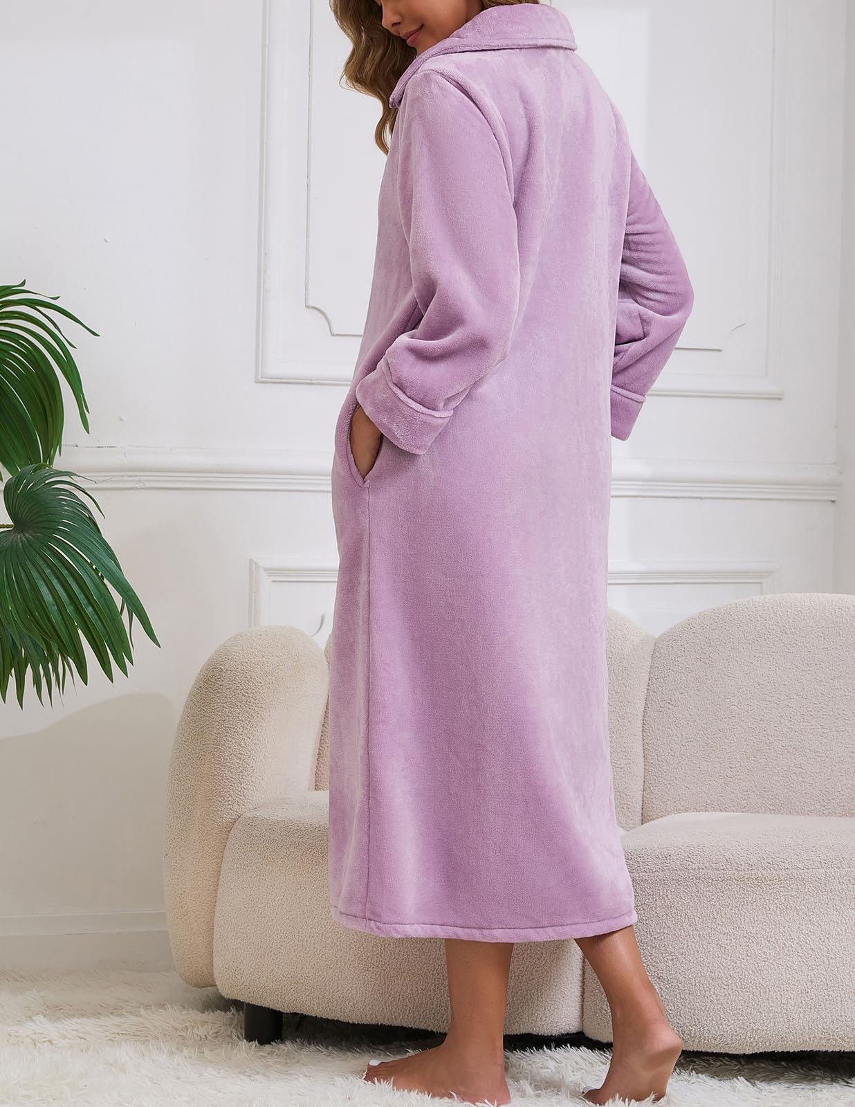 Rubehoow Accappatoio da donna in pile morbido e caldo cappotto di casa peluche flanella cerniera accappatoio con tasche per l'inverno