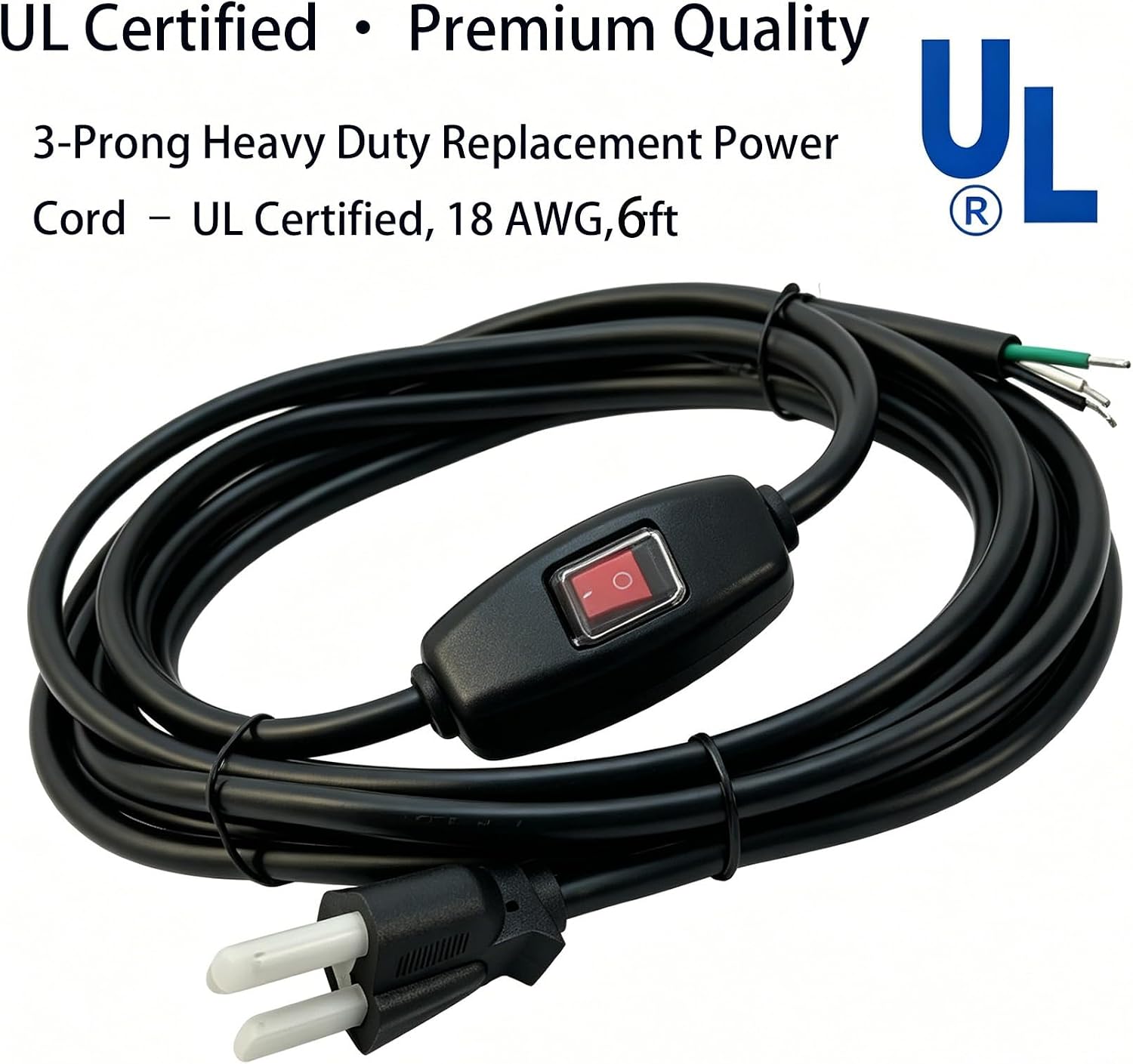 6FT Power Cord with Switch：18AWG SJT Open End | Compact Extension Cord for Home Office Desk Lamp Christmas Tree Party Decor 15A 125V, Flame Retardant