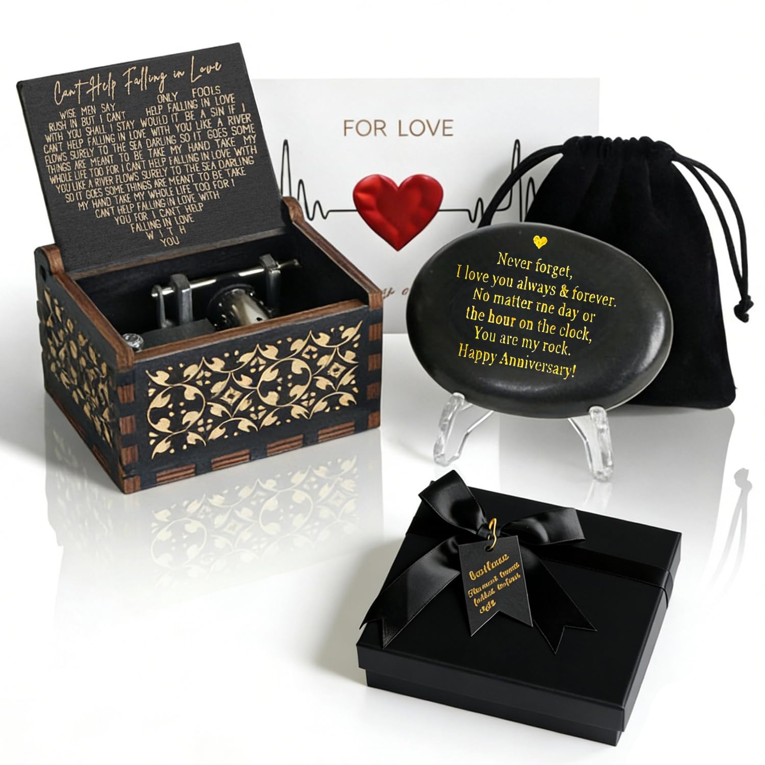 Happy Anniversary Rock,Engraved Rock Anniversary Gifts,You Are My Rock Anniversary Gifts for Him,with Decorative Stones,Black Velvet Bag,and Music Box,Romantic Gift for Her,Anniversary Gift for Couple
