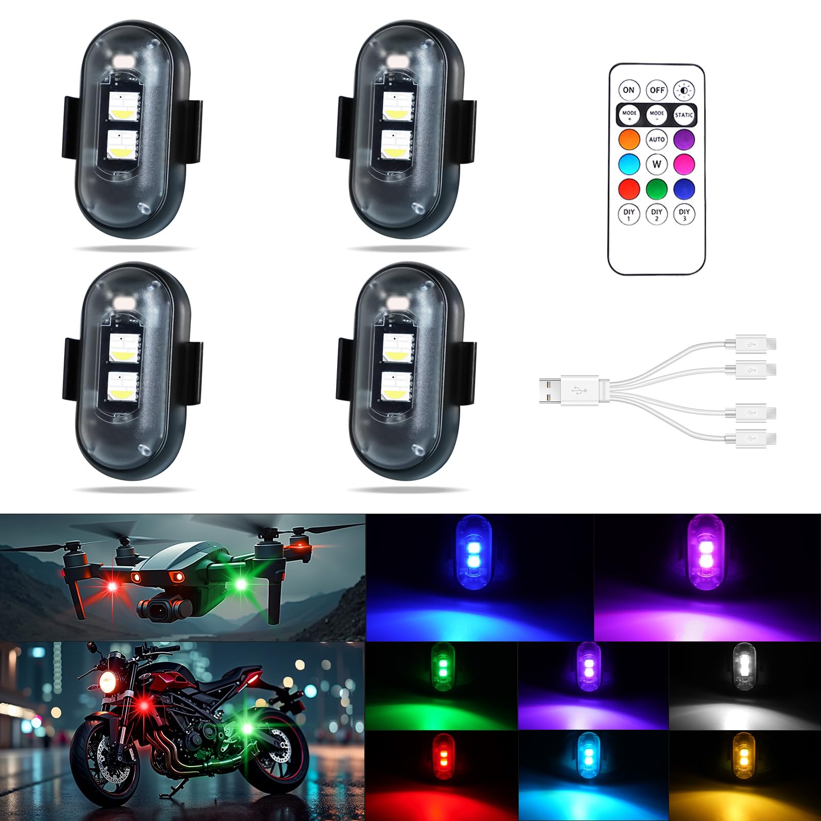 Wireless Led Strobe Lights with Remote, USB Rechargeable Anti-Collision Warning Lights Waterproof Wireless Led Lights for Car Motorycycle Drone
