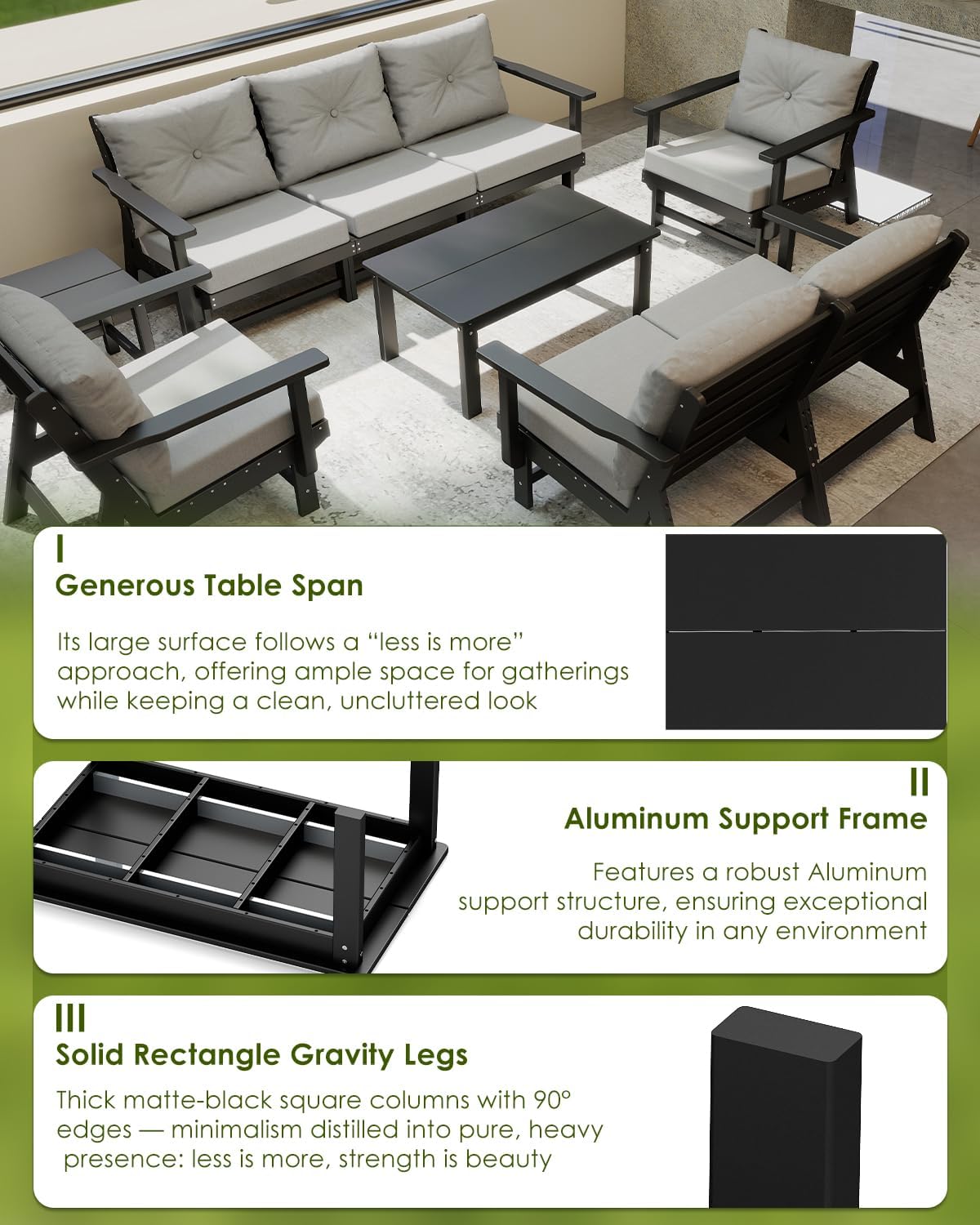 GREENVINES Outdoor-Coffee-Table | HDPE Plastic | Patio Coffee Tables | Rectangle | All Weather | for Balcony Poolside Deck Garden | TriLuxe | Black