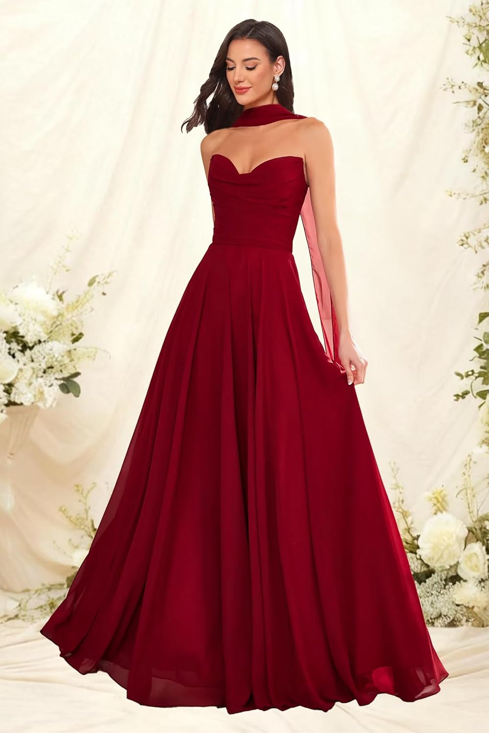 Elegant Strapless Prom Dress with Scarf Chiffon Pleated A Line Long Sweetheart Neck Bridesmaid Dresses for Women - Image 4