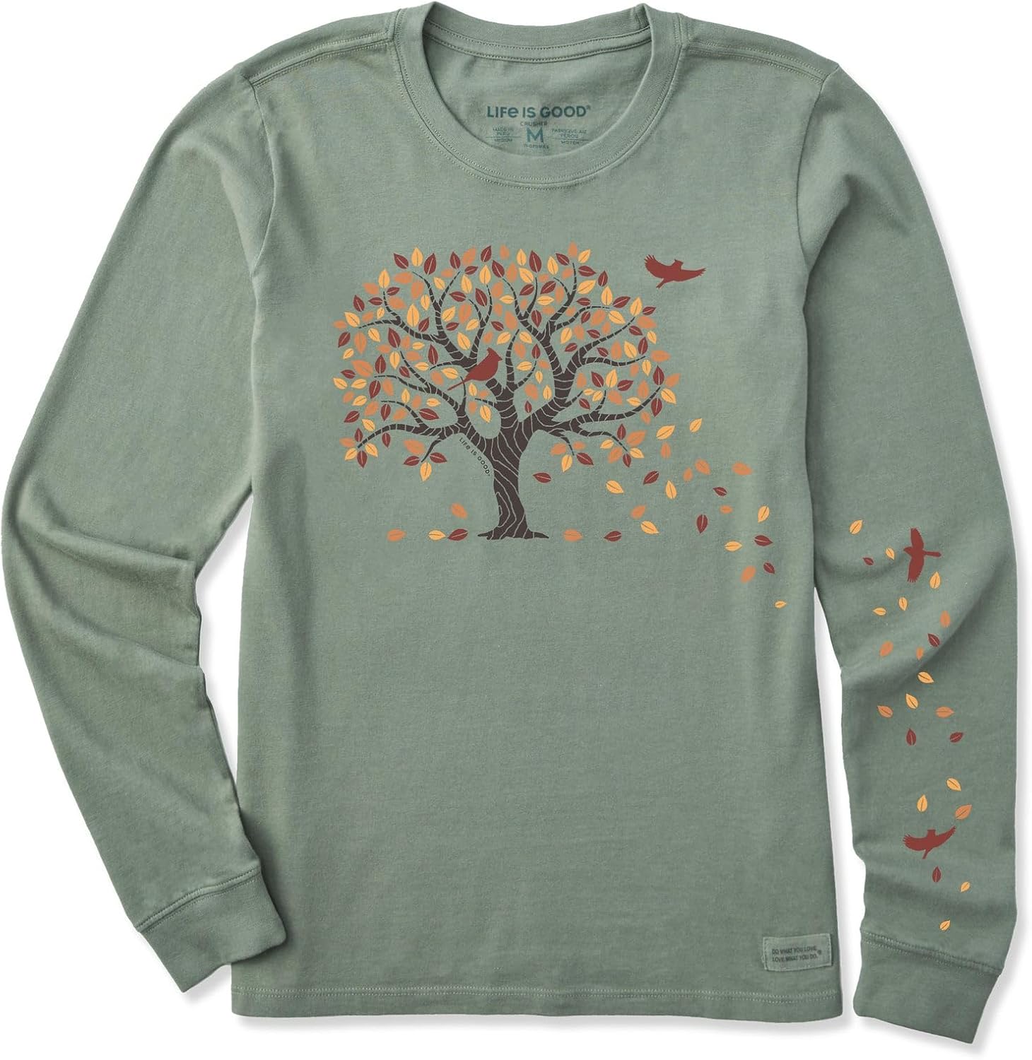 Life is Good. Women's Autumn Tree Leaves Long Sleeve Crusher Tee, Moss Green