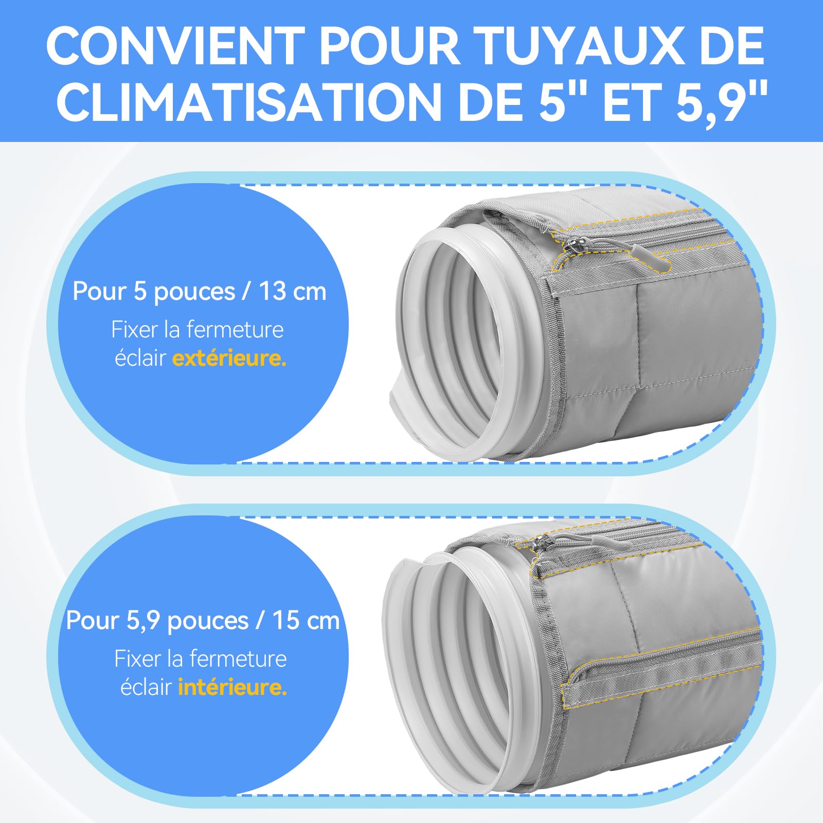 60" Protection Pour Tuyau Climatiseur AGPTEK, Manchon Isolant À Fermeture Éclair Pour Tuyaux De 5" Et 5.9", Housse Portable En EVA, Pour Tous Les Tuyaux D'Évacuation De Climatiseurs Mobiles, Gris