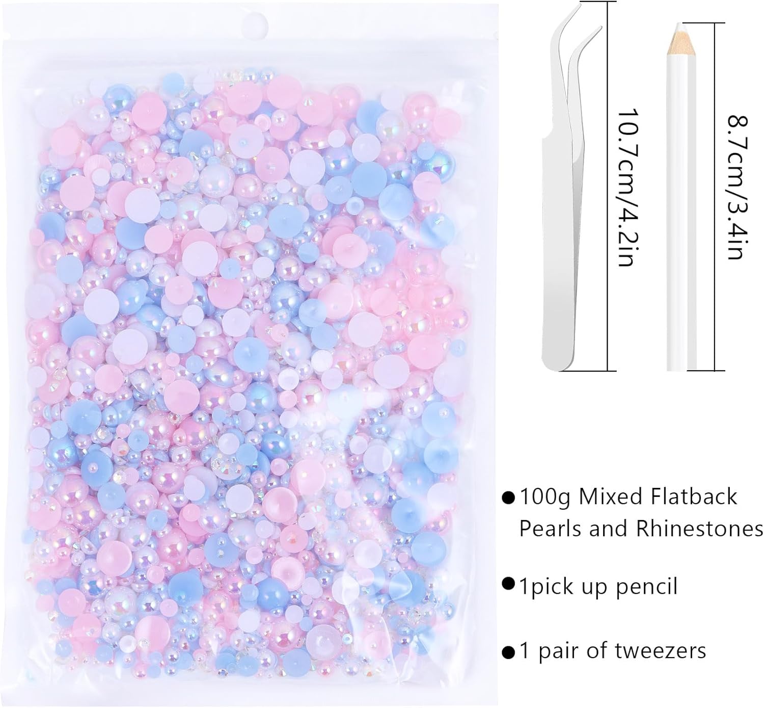 100g Flatback Pearls and Rhinestones,Mix 3-10mm Pearl Rhinestones for Crafts Tumblers Shoes Face Nail Art(Light Blue/Pink/White) - Image 3