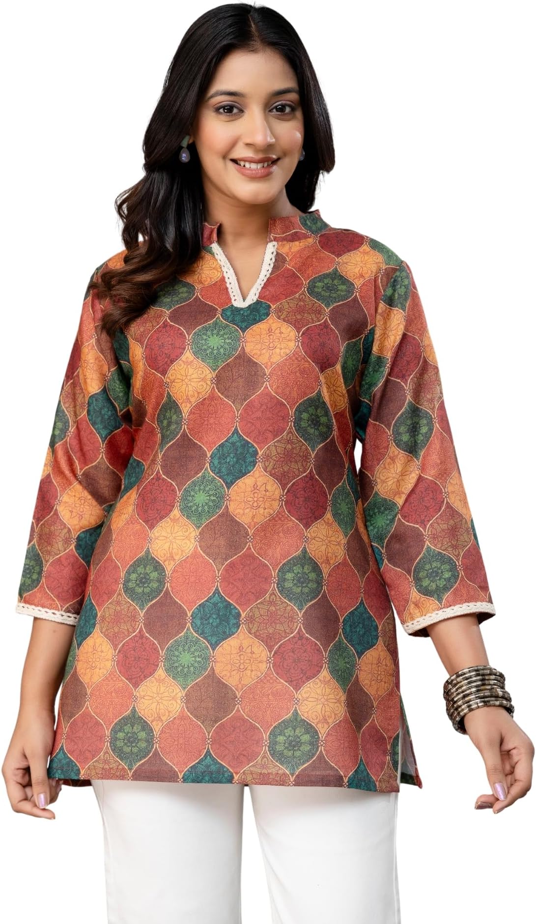 - Women's Poly Cotton Printed Tunic Top, Multicolor Geometric Pattern, Long Sleeve, V-Neck with White Trim Short Kurti for Girls