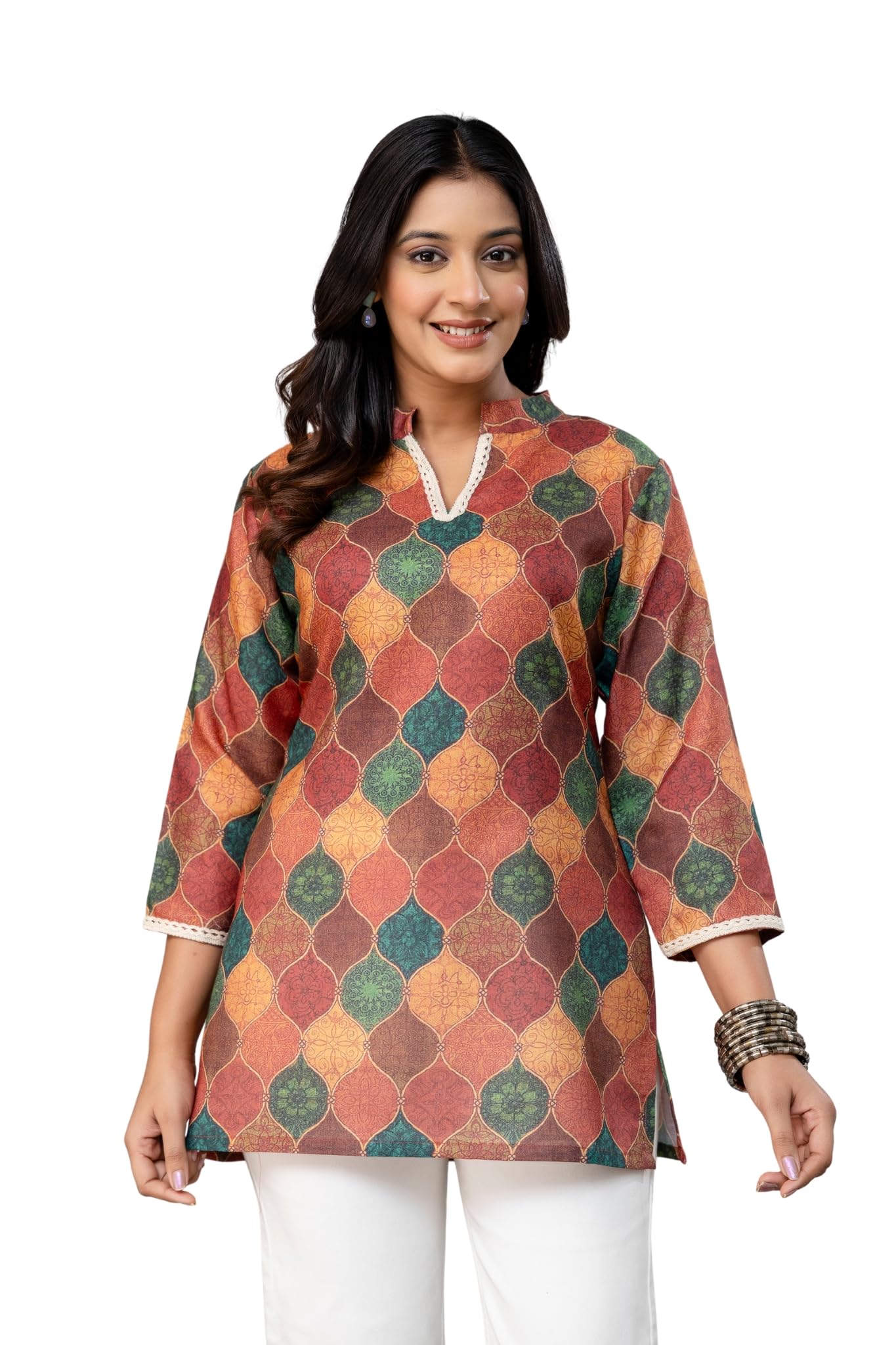 Women's Cotton Printed Tunic Top, Multicolor Geometric Pattern, Long Sleeve, V-Neck with White Trim Short Kurti for Girls-image-37