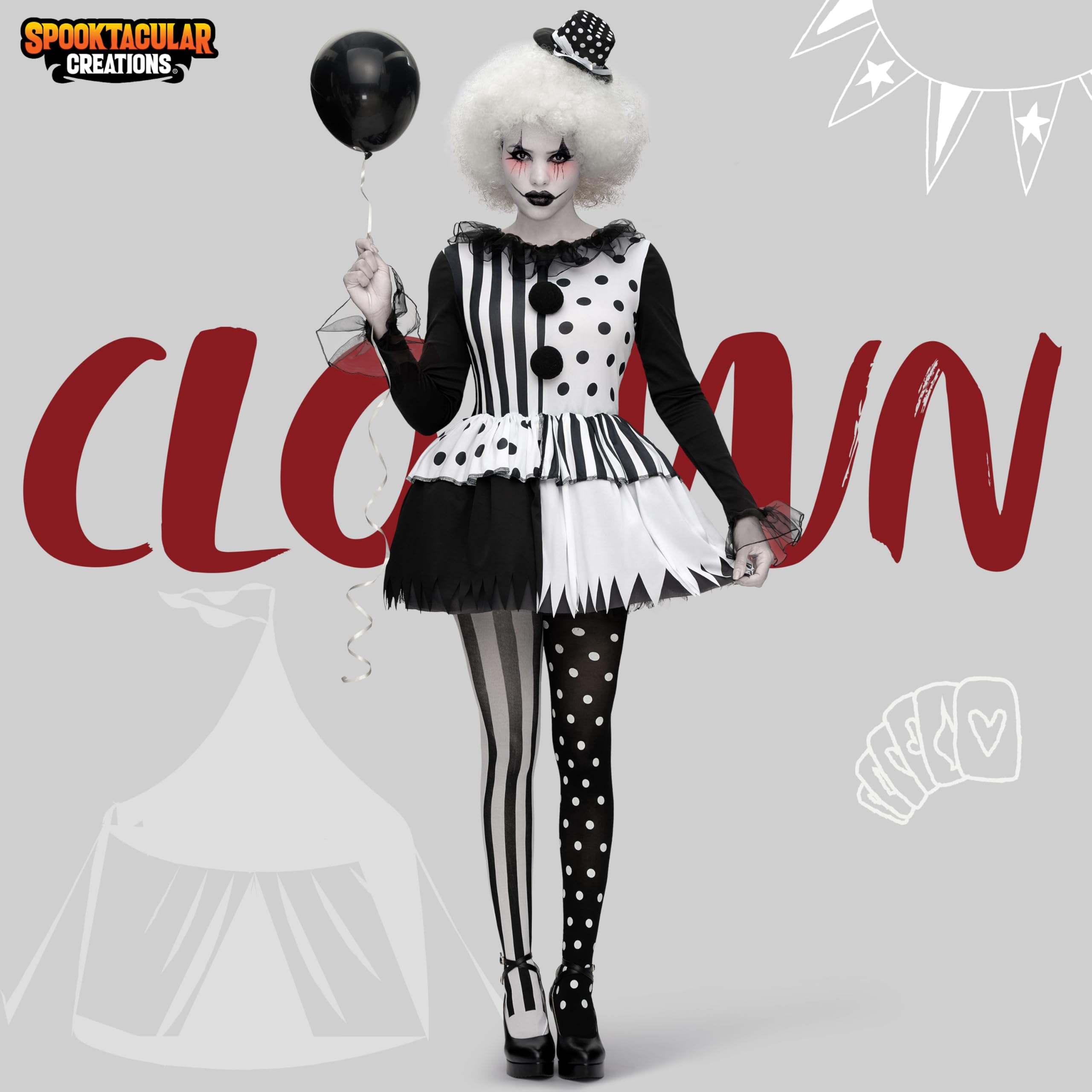 Spooktacular Creations Kostium klauna dla dorosłych kobiet, czarno-biały, na Halloween, kostium przerażający dla dorosłych, cosplay, rozmiar S