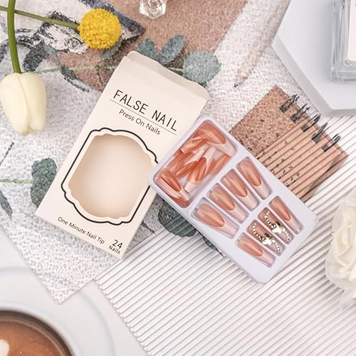 Miniatura 4 de 24 uñas postizas a presión, diseño de ataúd de color rosa, diamantes de imitación blancos, uñas postizas brillantes de cobertura completa, uñas