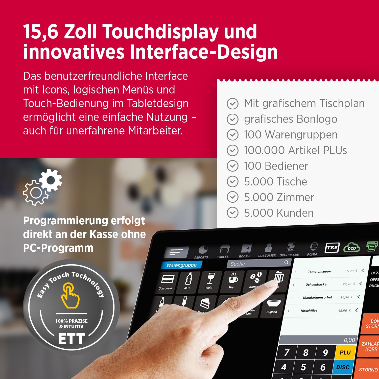 Olympia T400 Kassensystem Touchscreen Kasse Android 11 USB-TSE Registrierkasse Kundenanzeige Cloudoption Komplettsystem