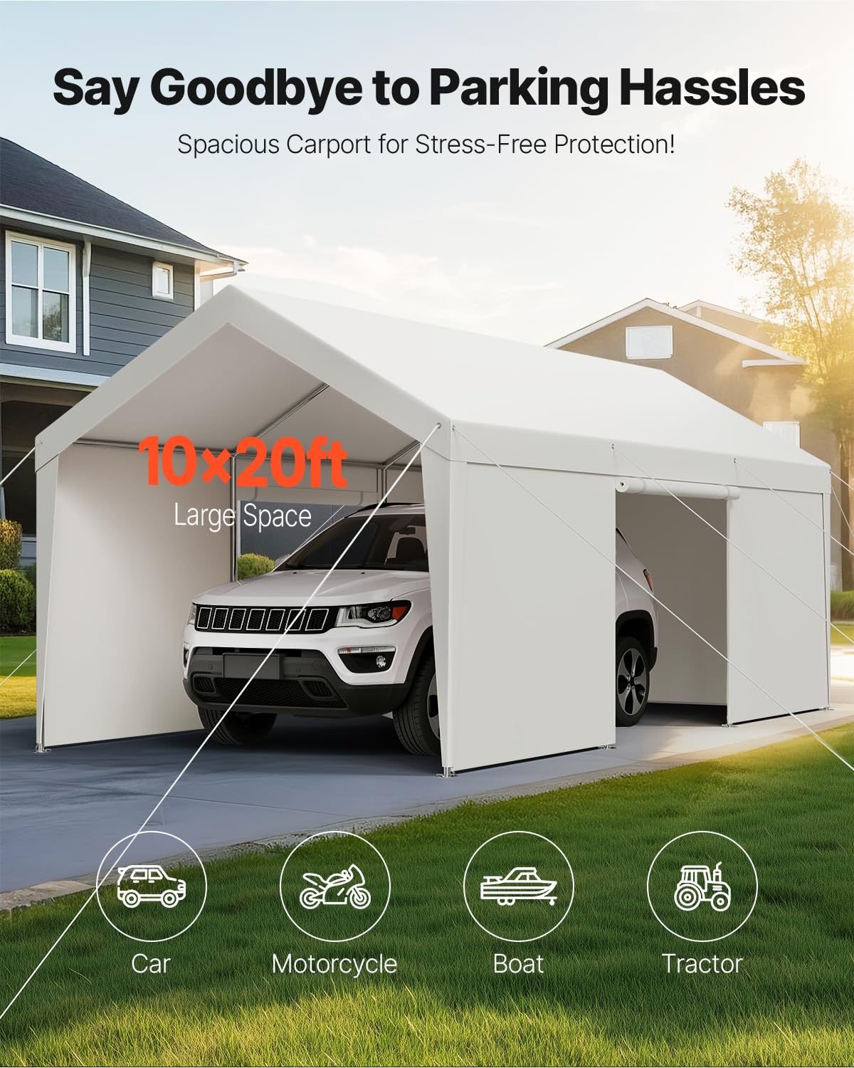 VEVOR Cochera 3,05 x 6,09 x 2,87 m, Cochera Potable con Paredes Laterales y Puerta Desmontables, Marquesina para Coches Resistente a los Rayos UV y al Agua, para Automóviles, Embarcaciones, Blanco