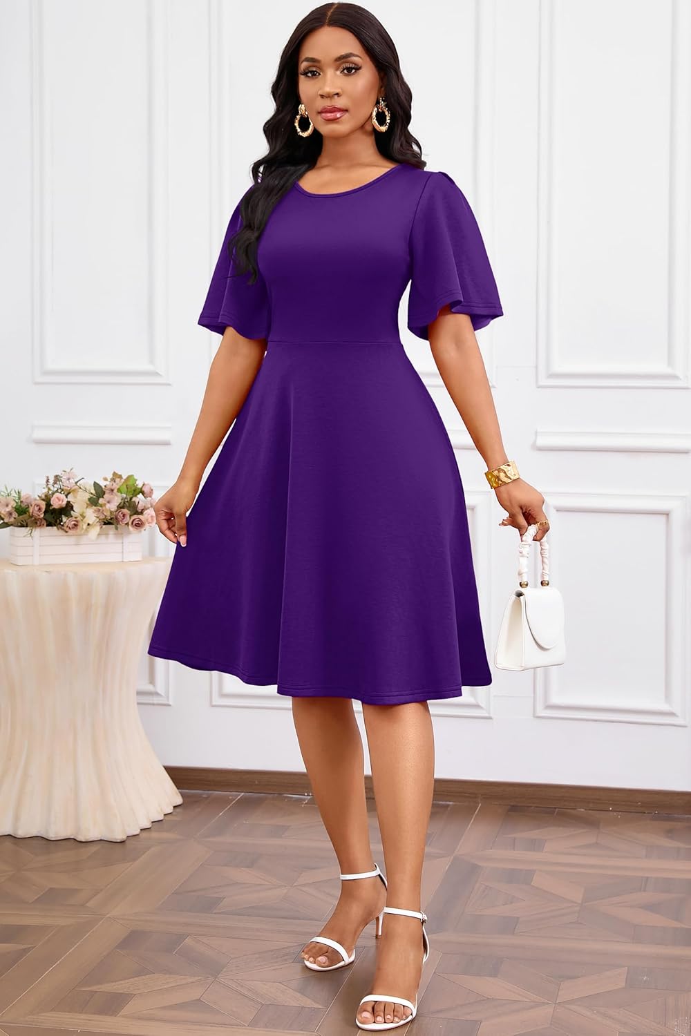 Nmoder Womens Wedding Guest Dress|A-Line Ruffle Flared Sleeve Summer Midi Dresses for Party Church Crewneck with Pockets - Image 3