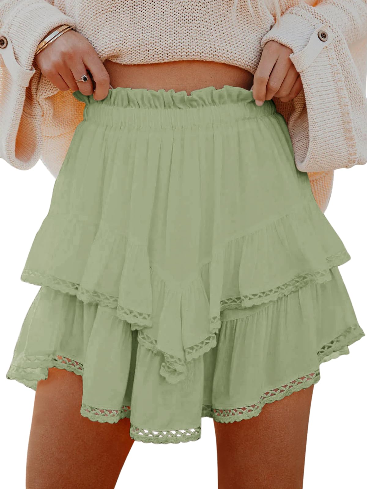 Aoudery Flowy Shorts for Women Casual Boho Ruffle Tiered Skorts High Waist Mini Skirts Golf Tennis Crochet Shorts