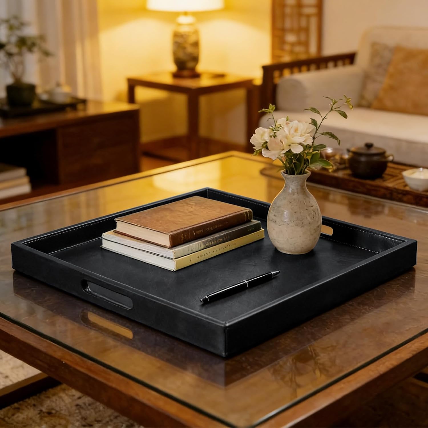 16x16 inches Square Leather Ottoman Serving Tray with Hole Handles, Modern Minimalist Service Tray for Living Room, Coffee Table, Bed, Tea, Food, Butler Countertop, Kitchen, Dinner, Picnic (Black)