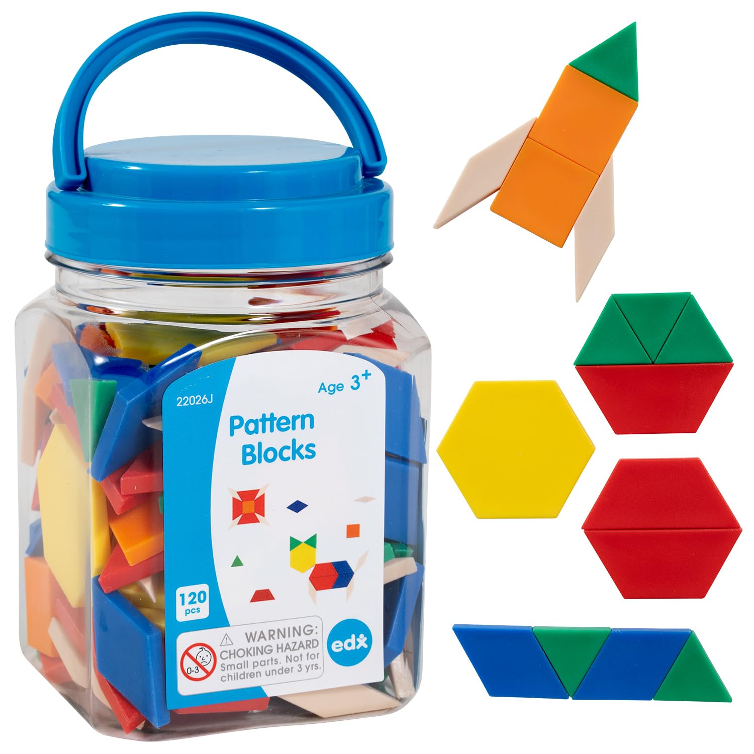 edxeducation Plastic Pattern Blocks | Mini Jar | Practice Sorting, Patterns, Measurement and Fractions | Maths Manipulative