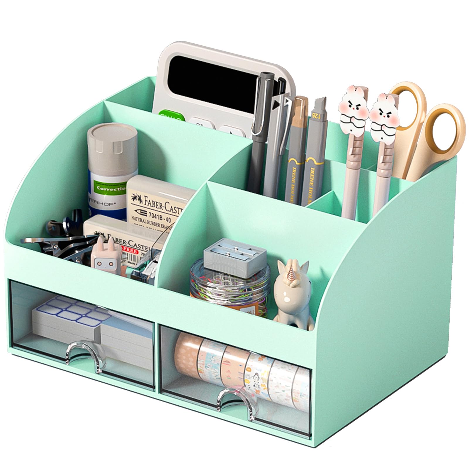 COMFYROOM Desk Organizer with 6 Compartments and 2 Drawers, Plastic Makeup Organizer, Pen Holder for Desktop Storage, Desk Organization for School, Home, Office Supplies (Mint Green)