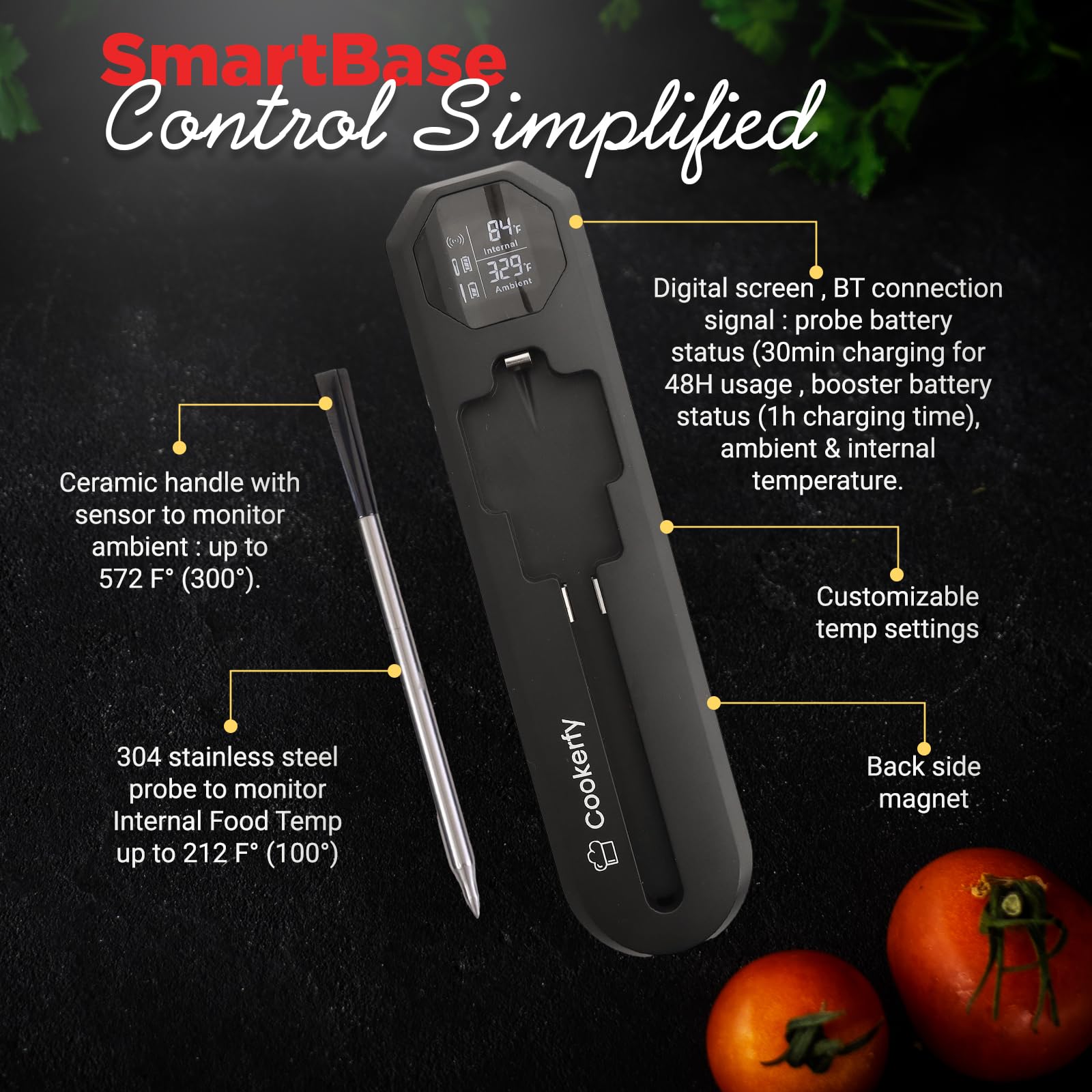 Termometro wireless Bluetooth intelligente per grigliare e affumicare, sonda di temperatura wireless in acciaio inox controllata da app digitale, portata 250 m, impermeabile, lavabile in