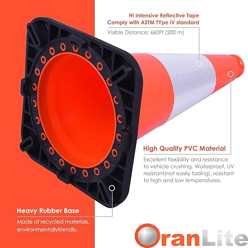 Miniatura 4 de Conos de tráfico de PVC naranja fluorescenteverde, base negra pesada, cono de estacionamiento estructuralmente estable a la intemperie para