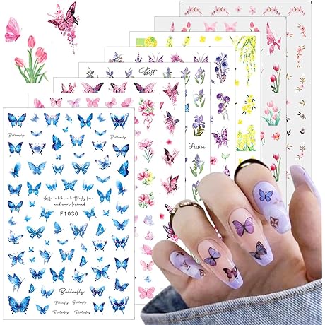Charming Calcomanías para Uñas Acrílicas con Flores y Mariposas