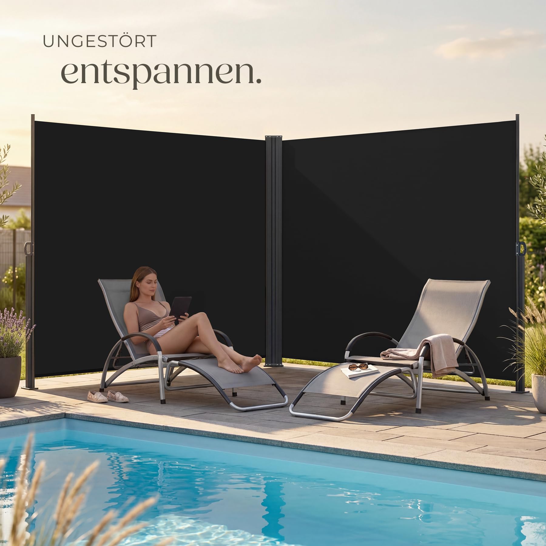 tectake® Doppel-Seitenmarkise, 200 x 600 cm, wetterfest, ausziehbar, Blickdicht, Schutz vor Sonne und Wind, Seitenrollo, Außenbeschattung, Windschutzrollo, Sichtschutz Seitenmarkise - schwarz