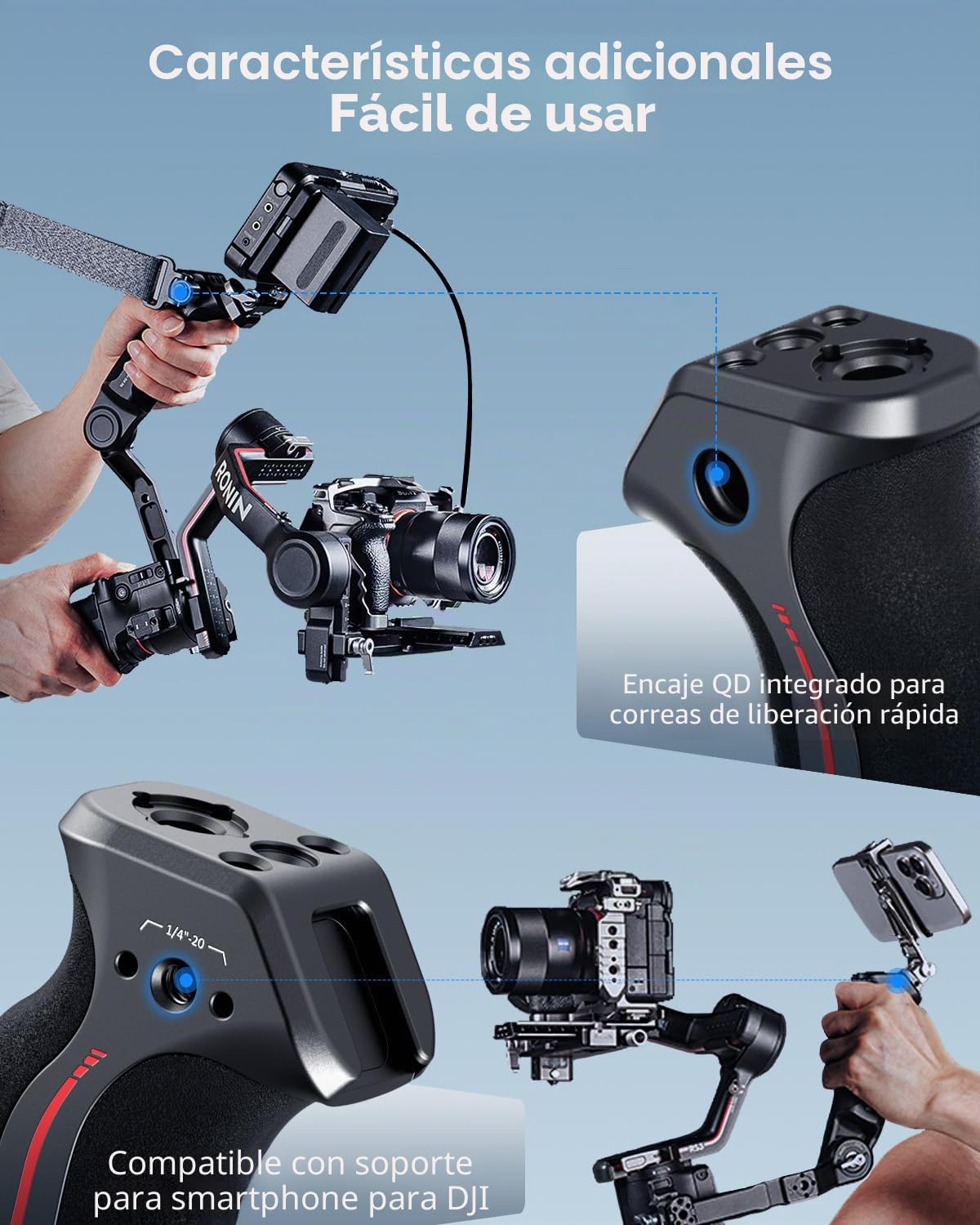 SMALLRIG Empuñadura de Correa para Gimbal DJI RS 2/RSC 2/RS 3/RS 3 Pro/RS 3 Mini/RS 4/RS 4 Pro/RS 4 Mini, Ajustable para Ángulos Bajos, con Enchufe QD