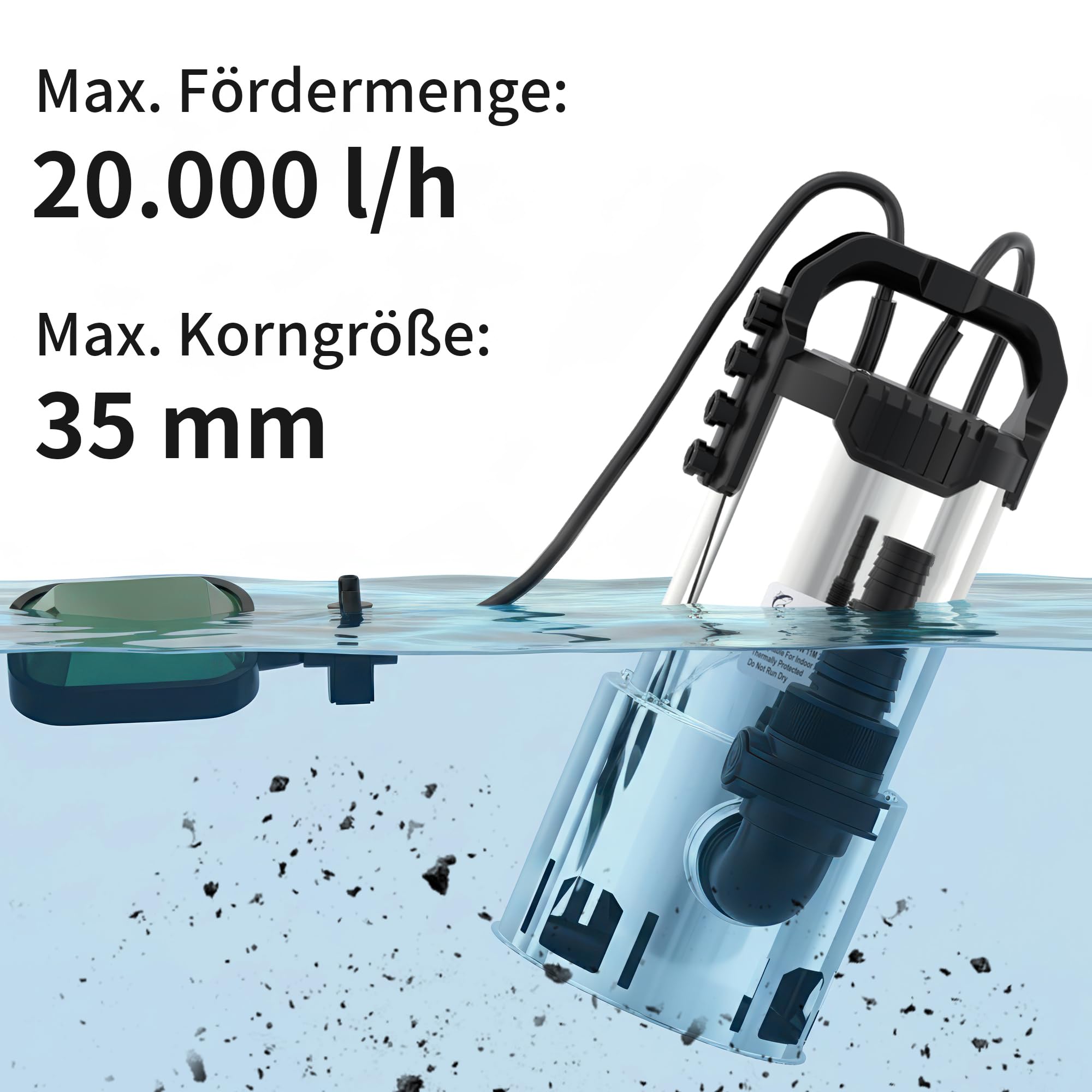LANCHEZ Edelstahl Schmutzwassertauchpumpe 1100W, 20.000 l/h, Förderhöhe 11 m, Max durchlässige Partikelgröße: 3,5 cm, Einstellbarer Schwimmerschalter, Thermoschutz, für Pool, Schacht, Garten