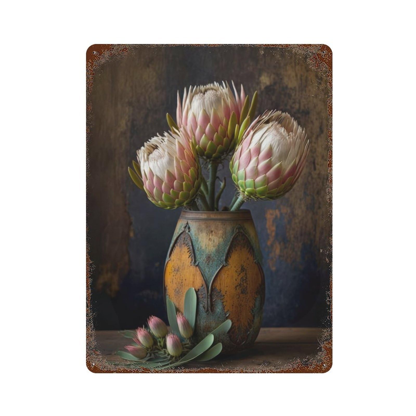Protea Bouquet in A Jar Rust Effect Tin Sign 15.7"x11.8", Novelty Wall Decor for Garage, Pub Or Kitchen