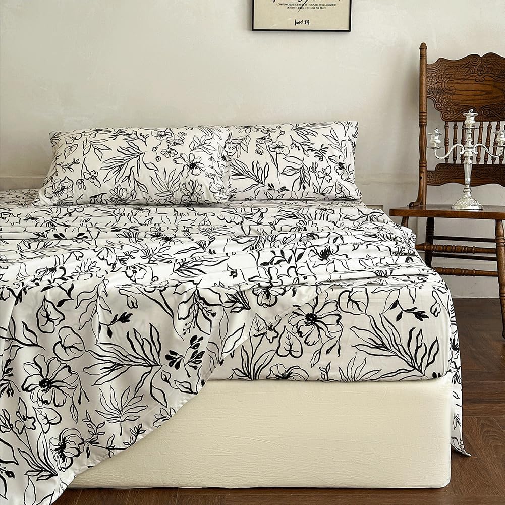 NSNLGSGC Boho Floral Sheets Queen, 18 inches Deep Pocket, 4-Pieces White and Black Coquette Cottagecore Leaf Flower Sheet Set, Soft Printed Botanical Shabby Chic Farmhouse Bed Sheets White and Black Queen SIMILAR NOT EXACT ITEM