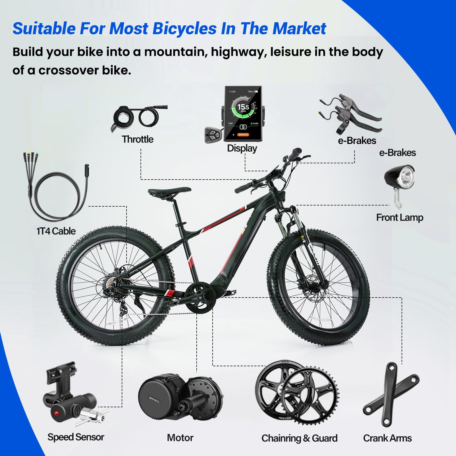 BAFANG Kit Moteur Central 48V 75OW pour E-Bike avec Écran C18, version UART | BBS01B BBS02B BBS-HD, kits de conversion pour vélo électrique, compatible pédalier 68mm, inclus manivelle, câble 1T4...
