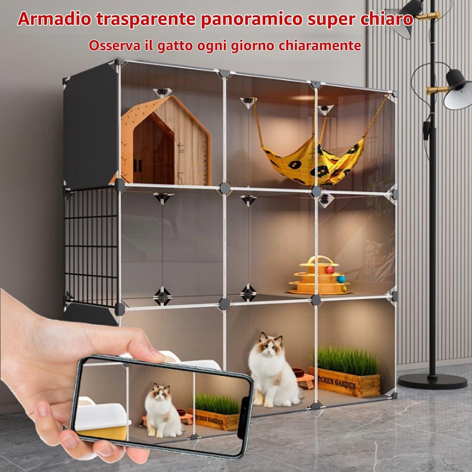 Recinto Per Gatti Panoramico Trasparente Gabbia Per Gatti Da Esterno Grande, Pieghevoli, Metallo, Casa Per Animali Rimovibile Facile Da Montare, Nero, Varie Dimensioni(A,147 * 75 * 111cm)