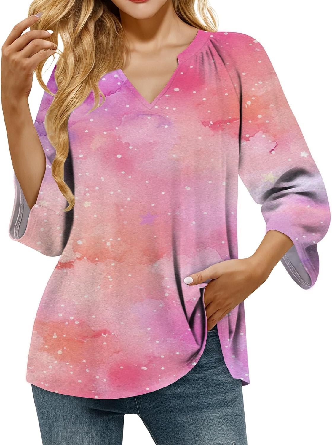 Retro Breathable Shirt for Women Vintage Novelty Stylish Boho Loose Fit 3/4 Sleeve V Neck Tops Summer Undershirt