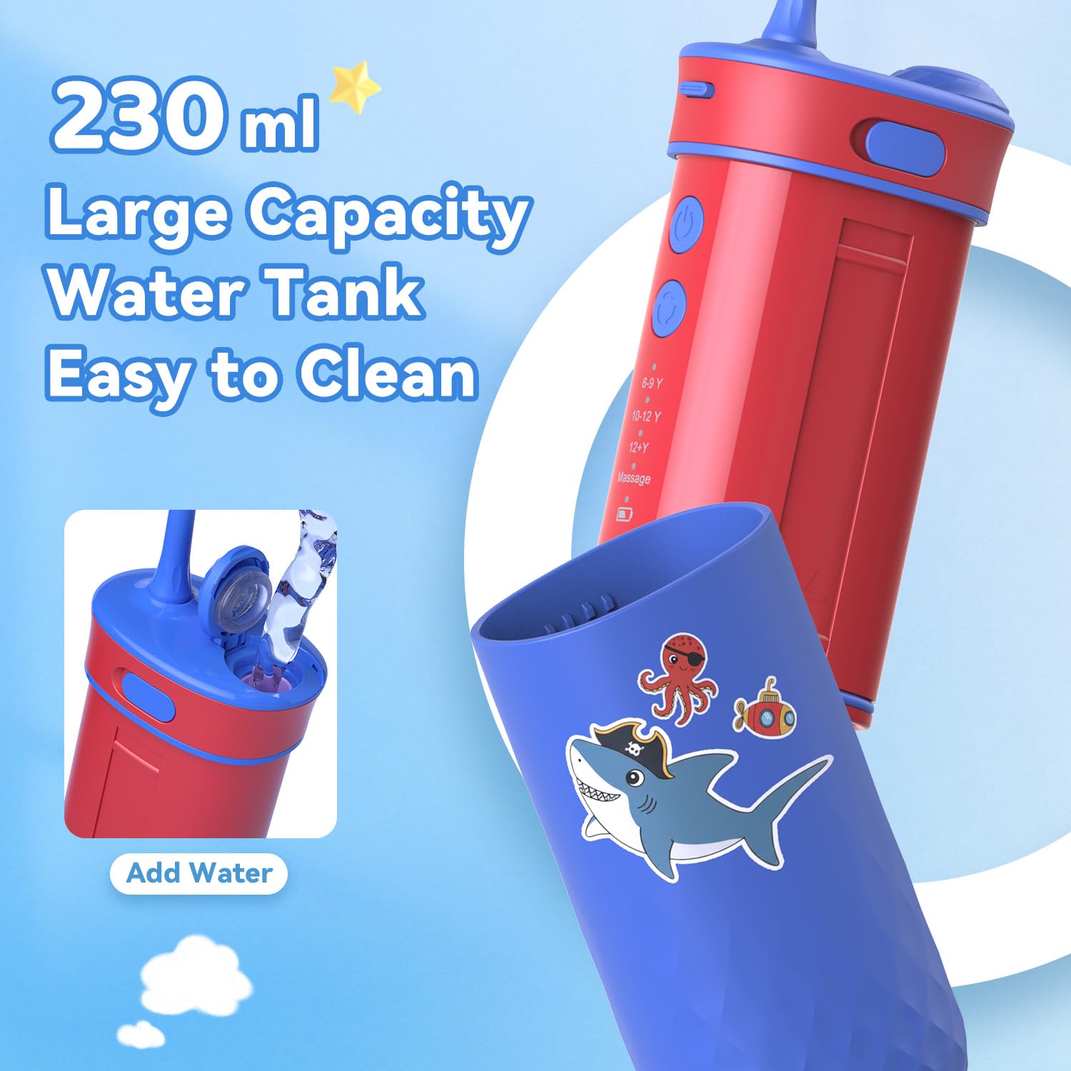 JTF Hydropulseur dentaire pour enfants : Irrigateur buccal portable rechargeable avec 4 modes de fil dentaire, réservoir de 230 ml, 4 embouts de sac de voyage, autocollants étanches, fils dentaires