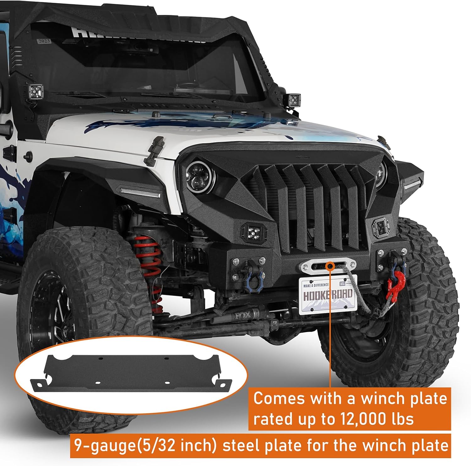 Hooke Road JK Mad Max Front Bumper Grill for 2007-2018 Jeep Wrangler JK & Unlimited 2/4 Doors, Rock Crawler Offroad Bumper with Winch Plate, LED Lights
